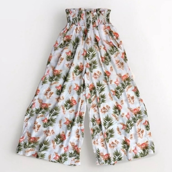 Vintage America Pants - Boho Floral Print Elastic Waistband Wide Leg Crop Palazzo Pant XS-S.